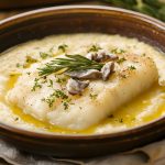 piatto in ceramica marrone contenente un trancio di baccalà alla vicentina, condito con rosmarino e aromi, disposto su una base di polenta.