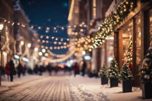 Strada innevata di notte decorata con luci natalizie, ghirlande e piccoli alberi illuminati fuori dai negozi.