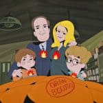 Famiglia animata di quattro persone con fiamme sul petto, in piedi dietro un grande prosciutto Gran Biscotto in un magazzino.