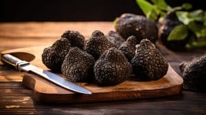 Sette tartufi neri su un tagliere di legno accanto a un coltello, con altri tartufi e foglie sullo sfondo.